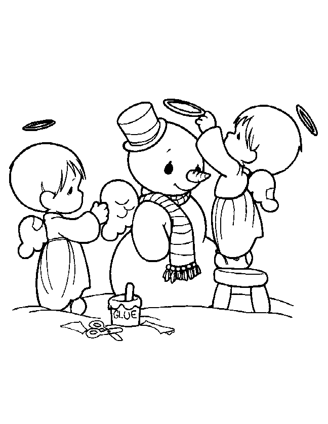 coloriage les anges habillent le bonhomme de neige